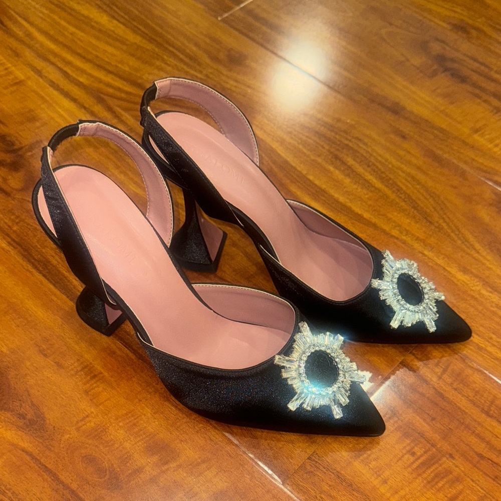 Elegant Black Slingback Heels with Crystal Sunburst Accent